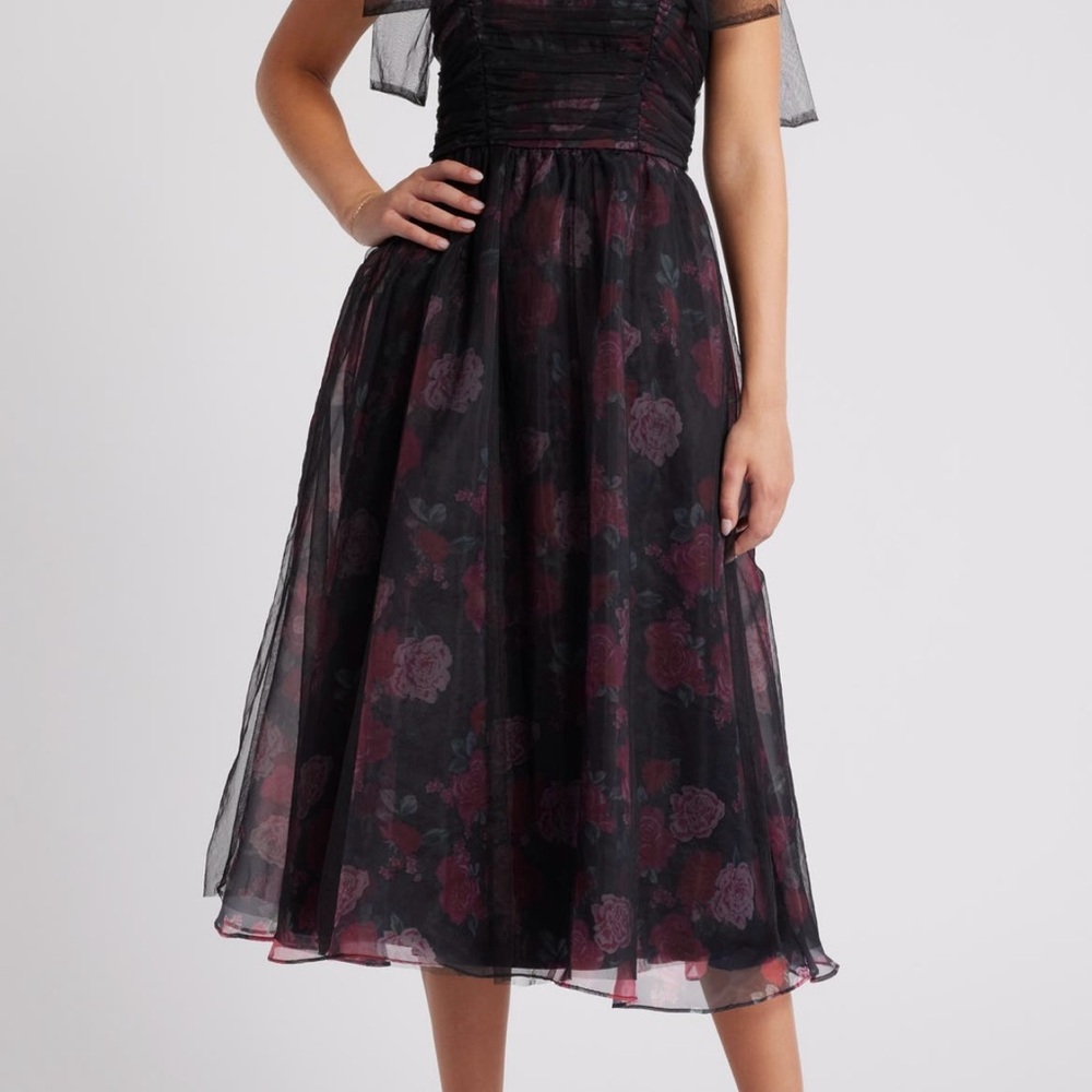 Lulu's Black and Red A-Line Midi Dress with Flutter Sleeves